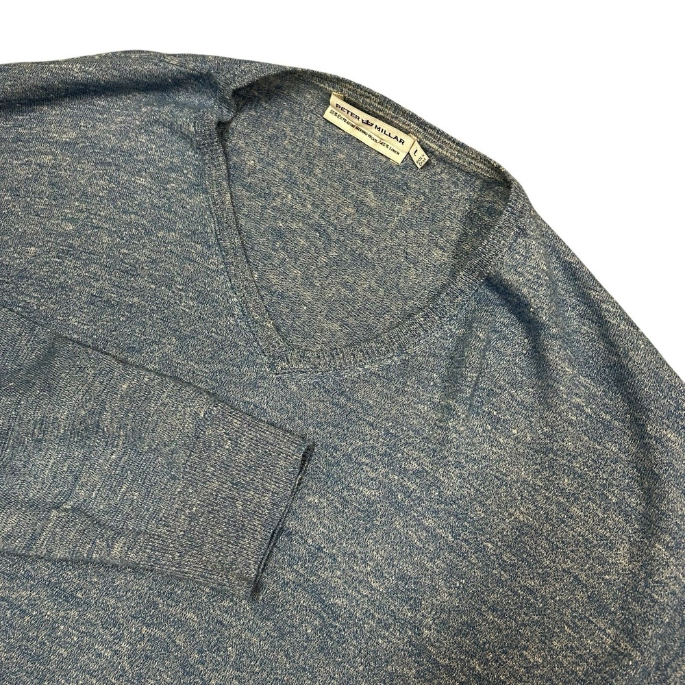 Peter Millar Wool Linen V-Neck Sweater‎ Mens Large Blue Light Weight (Hole)